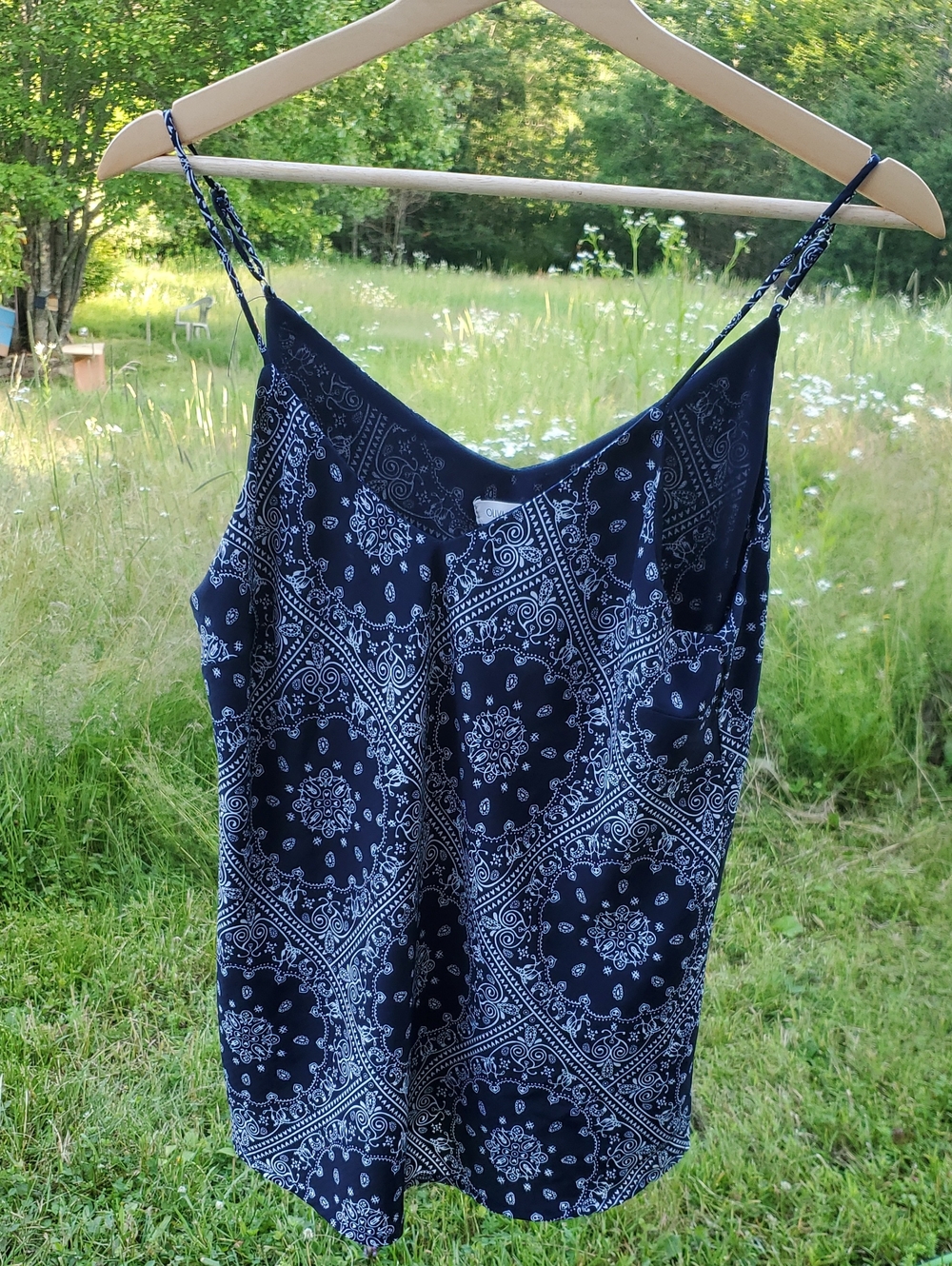 Olivia Grey Navy Blue Bandana Print Spaghetti Strap Tank Top Small